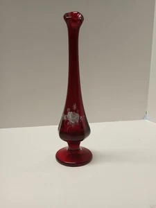 Vintage Fenton rubinrote Glasknospen Vase handbemalt signiert - Bild 1 von 5