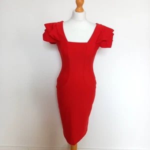Vestido Diva Catwalk S UK 8 10 Rojo Ajustado Lápiz Movible Plisado Manga Corta - Imagen 1 de 9