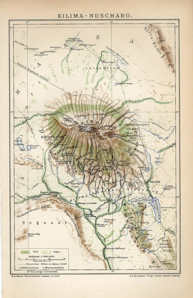 Mapa antiguo ÁFRICA KILIMANJARO VOLCÁN DE MONTAÑA KIBO PICO MAWENZI TANZANIA 1895 Foto 1 de 1