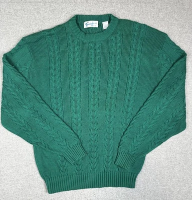 Vintage Triminghams Sweater Mens L Green Cable Knit Crewneck 80s 90s Preppy - Image 1 of 4