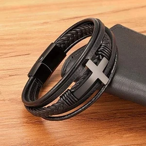 Men's Cross Braided Bracelet Leather Cuff Bracelet Bangle Magnetic Clasp Cross - Picture 1 of 4