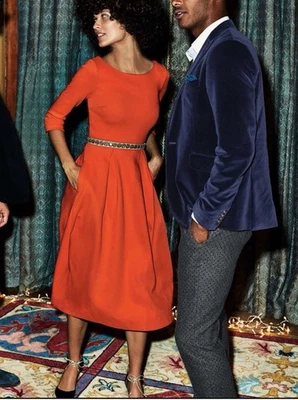 BODEN Red Holly Textured Classic Chic Holiday Fit Flare Pleated Skirt Dress 18 R - Image 1 of 4