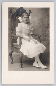 RPPC Portrait of a Girl in White Dress and Big Hair Bow c1920s Postcard - Picture 1 of 2