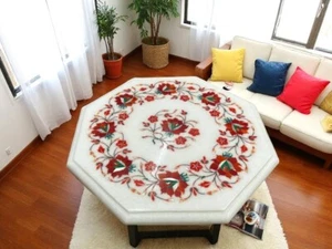 24" White Marble and Carnelian Coffee Table Gemstone Inlay Furniture for Home De - Picture 1 of 10