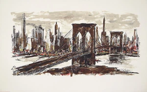 John Haymson XRare Vintage 1962 Fuera de Uso Nuevo de Lote Antiguo Serigrafía Puerto de Nueva York, Brooklyn Bridge - Imagen 1 de 1