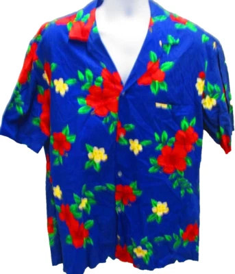 Camisa Hawaiana Royal Creations, S/S, Grande, Azul con Flores Rojas y Amarillas Foto 1 de 4
