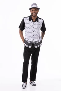 New Montique 2 Pc Walking Suit Short Sleeve Set White Black Shirt L, 34 Pants - Picture 1 of 1