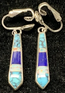 Ervin Hoskie? Navajo Sterling Diamond Turquoise Fire Opal Lapis Clip-on Earrings - Picture 1 of 6