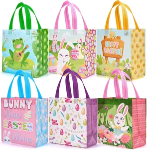 6 Pcs Easter Non-Woven Tote Bags with Handle, Happy Easter Egg Bunny Frog Chick - Picture 1 of 7