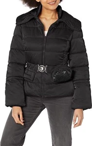 Guess Jeans Womens Glitzy Puffer Jacket With Belted bag Hood Black - Picture 1 of 2