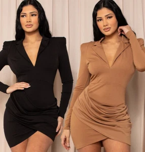 Women Long Sleeve Collared V Neck Bustier Elegant Party Date Wear Mini Dress - Picture 1 of 7