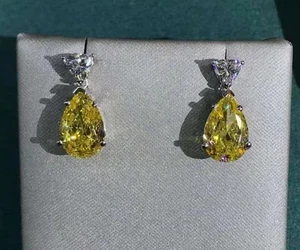 Drop/Dangle Fancy Vivid Yellow Diamond Lab-Grown 14k White Gold Earring 5Ct Pear - Picture 1 of 9