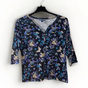 Karen Scott Petite XL PXL Bluse schwarz Blumen Schmetterling V-Ausschnitt 3/4 Arm Oberteil - Bild 1 von 4