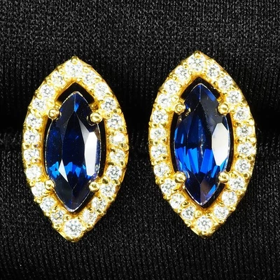 皇家蓝色蓝宝石侯爵夫人 2.05 克拉 925 纯银 24K 黄金耳环 礼物 — 第 1/4 张图片