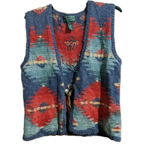 Ralph Lauren Aztec Navajo Southwestern Hand Knit Sleeveless Cardigan M Petite - Picture 1 of 10