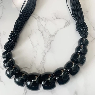 Grueso Graduado Negro Ónix Cuentas Seda Cordón Collar 16" Declaración Elegante Lujo Foto 1 de 4