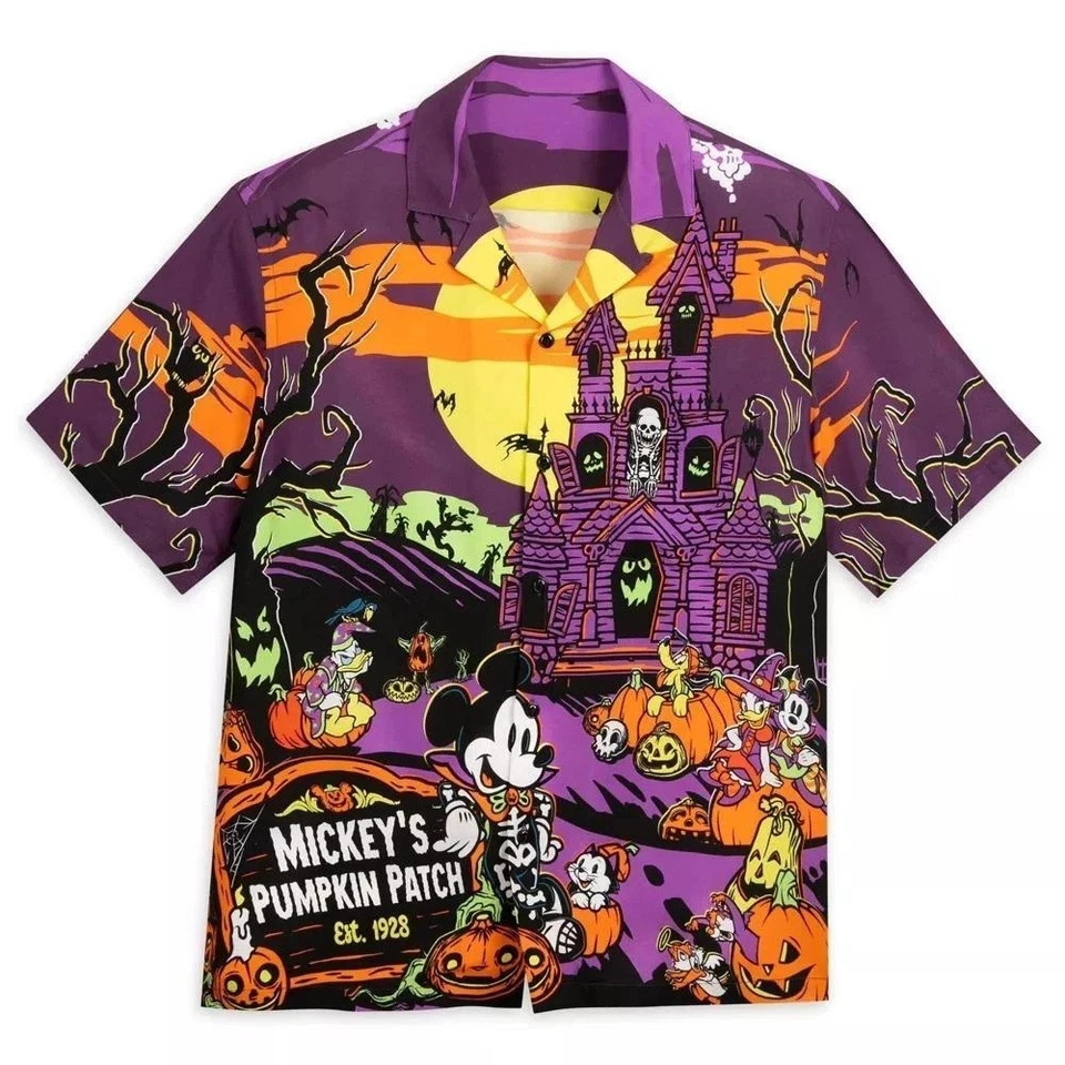 Disney Halloween Men's Shirt Purple Mickey Mouse Pumpkin Button Down XS