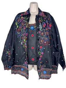 Sandy Starkman Silk Embroidered 2 Piece Jacket Tank Top Set Black 1X Vintage y2k - Picture 1 of 14