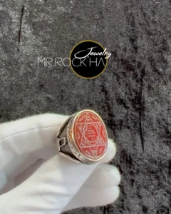 Seal of Solomon,Red Agate Natural Stone,Handmade,925 Sterling Silver Men's Ring - Picture 1 of 16
