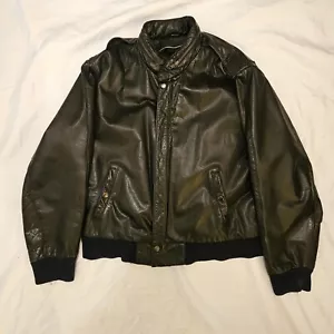 Vintage Wear Me Out Leather Jacket Black With Zip Out Hood Bomber Style - Picture 1 of 24