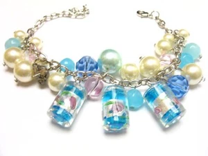 BLUE FANCY FLORAL MURANO GLASS FAUX PEARLS CHARM BRACELET BR_SAS 12544 - Picture 1 of 1