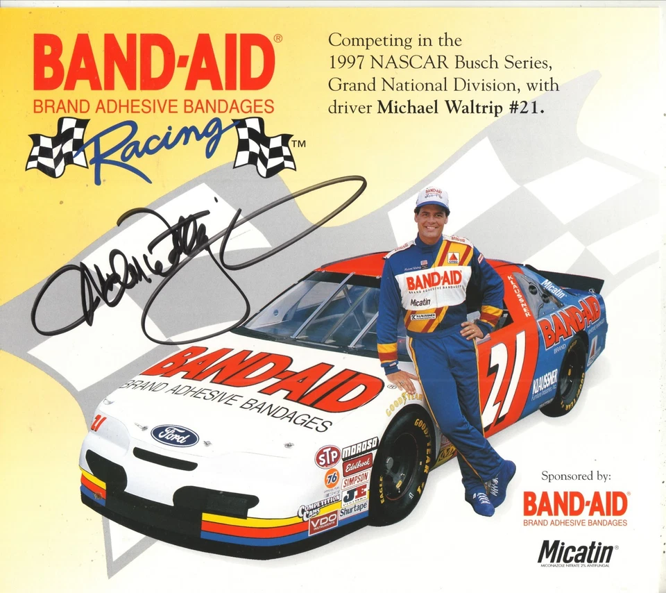 Cartão fotográfico Michael Waltrip autógrafo 1997 Band-Aid Busch Series 8x9 - Imagem 1 de 1