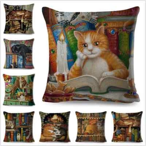 Cute Book Cat Party Cushion Cover Decor Cartoon Animal Pillowcase Printing Cojin - Picture 1 of 38