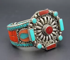 Tibetan Cuff Bracelet, Cuff Bracelet, Inlay Turquoise Bracelet Costuming Jewelry - Picture 1 of 11