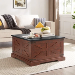 Farmhouse Coffee Table, Square Wood Table with Large Hidden Storage Compartment  - Picture 1 of 46