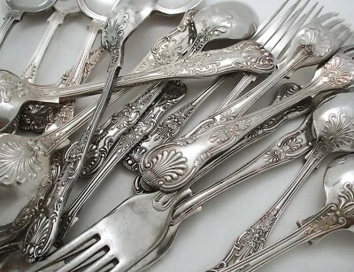Antique Silver Plated Kings Queens Bouillon Soup Dessert Spoon Fork Cutlery - Image 1 of 4