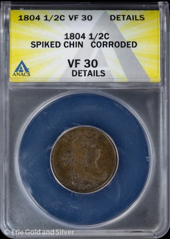 1804 1/2C Draped Bust Half Cent ANACS VF 30 Details | Spiked Chin Cover