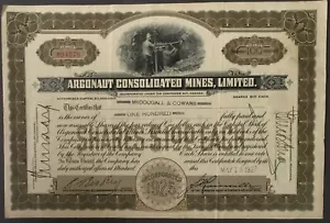 ARGONAUT CONSOLIDATED MINES Canada 1927 Signed Antique Stock Certificate - Foto 1 di 3