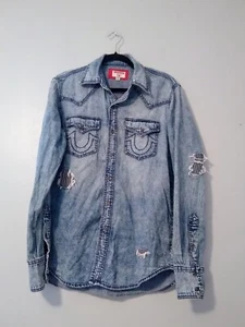True Religion Men's Medium True Indigo Western Distressed Shirt Cowboy Rodeo - Picture 1 of 13