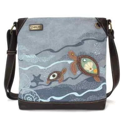 NEW CHALA BLUE TURTLES CANVAS CROSSBODY TOTE BAG PURSE FAUX LEATHER COTTON - Image 1 of 4