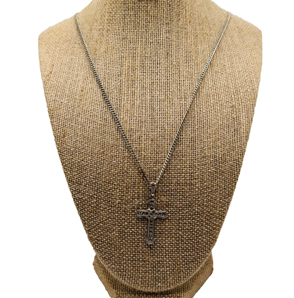 Antiguo Collar Art Deco Cadena Cruz de Ley y Marcasita Theda 925 Foto 1 de 4