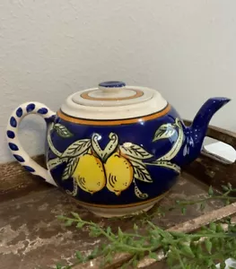 Vtg Whimsical Handpainted Cobalt Blue Yellow Lemon Botanical Pottery Teapot - Picture 1 of 11