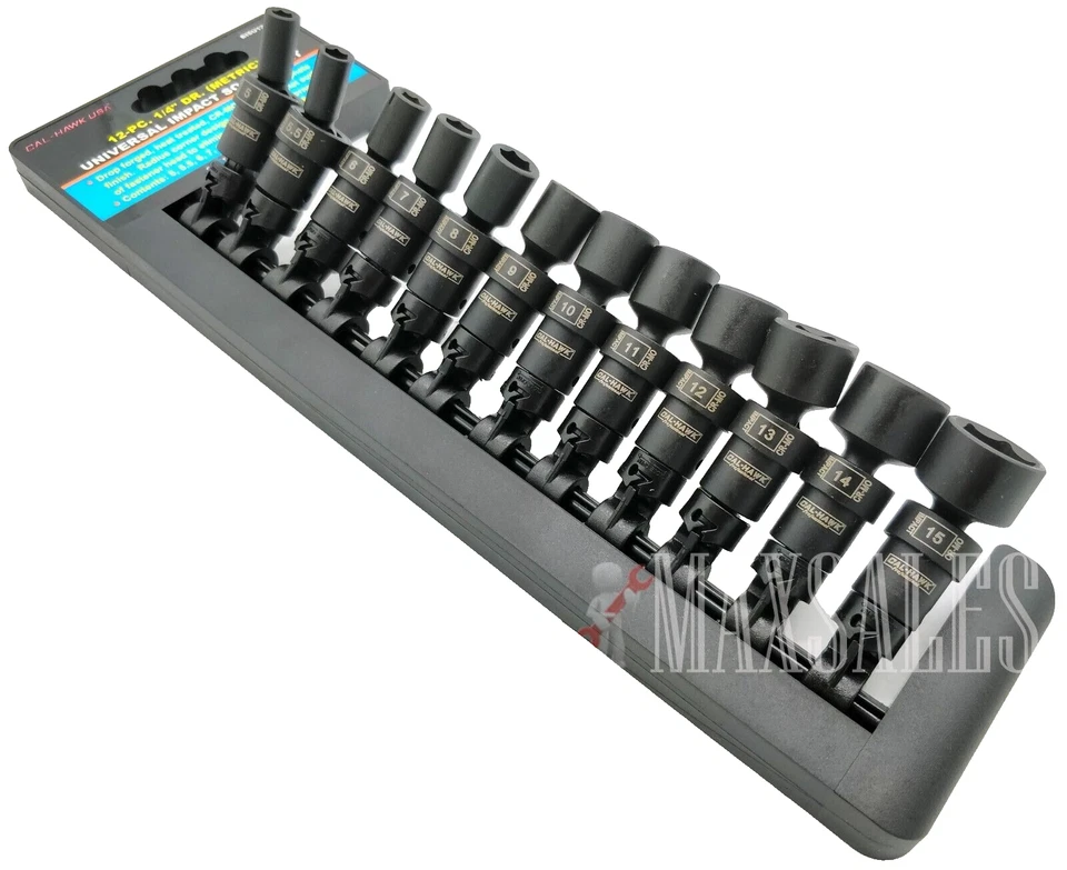12PC 1/4" Dr Swivel Universal Impact 6 Point Socket Metric Set CR-MO - Image 1 of 1
