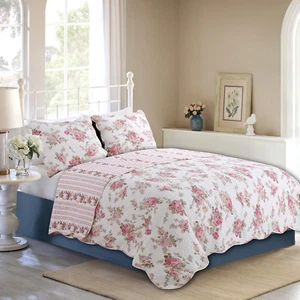 Juego de edredones de 3 piezas reversibles florales 100 % algodón rosa primavera, colcha, colcha - Imagen 1 de 3