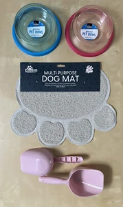 Dog Puppy Feeding Mat 2 pet food water bowl 2 food scoops Non Slip Pink Blue Paw - Picture 1 of 6