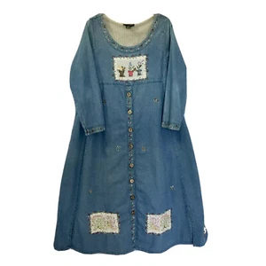 Papy Boez Denim Dress Womens M/L Empire Waist Embroidered Floral Jean Pockets  - Picture 1 of 12