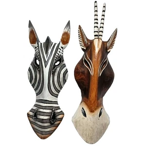 Animal Wood Masks Zebra Fancy Safari Heads Mixed Wall Art Decor Hanger Set 2 pcs - Picture 1 of 16