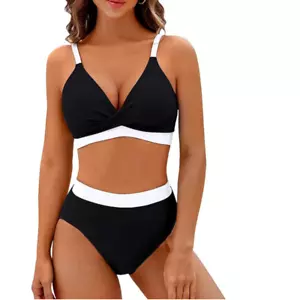 BMJL High Waisted V Neck 2-Piece Color Block Twist Front Bathing Suit, M, Black - Picture 1 of 8