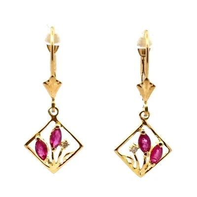 14KT YELLOW GOLD RUBY & DIAMOND LEVERBACK DANGLE EARRINGS 1.4 GRAMS - Image 1 of 4