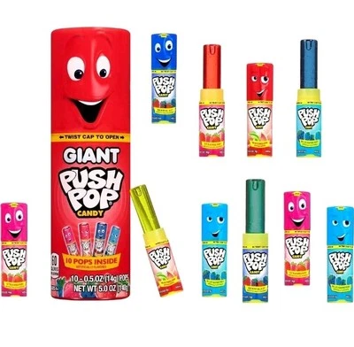 Paquete de 10 piruletas gigantes de sabor surtido de caramelos Push Pop en contenedor de recuerdos  Foto 1 de 4
