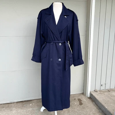 J. Gallery Navy Blue Long Trench Coat Belted Double Breasted Classic 80s/90s - Image 1 of 4