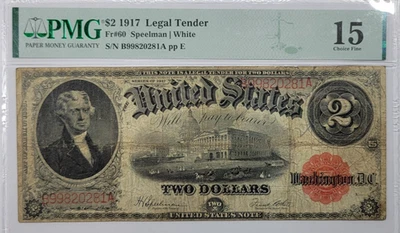 1917 $2 Legal Tender PMG F15 Circulated Large Size Red Seal Nice Type *K377 - Image 1 of 4