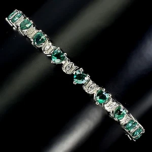 925 Sterling Silver Bracelet Heart Green Topaz 4mm Gemstone Jewelry 8.5 Inches - Picture 1 of 14