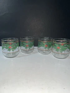 Vintage Holly Red and Green Striped Christmas Glasses 4 Old Fashioned Low Ball - Picture 1 of 4