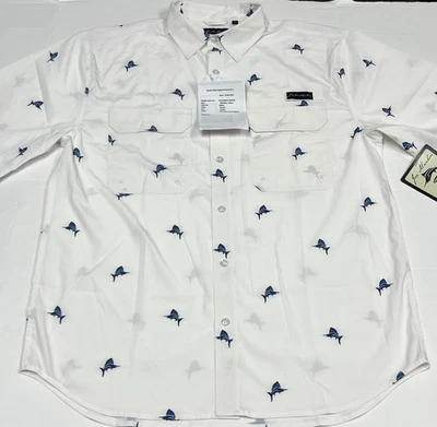 Joe Marlin Button Up Fishing Shirt Men Large White Blue Marlin Unwind RARE DEMO - Image 1 of 4