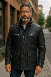 Men’s Genuine Black Lamb Leather Military Jacket Windproof Outwear Trenchcoat - Picture 1 of 8